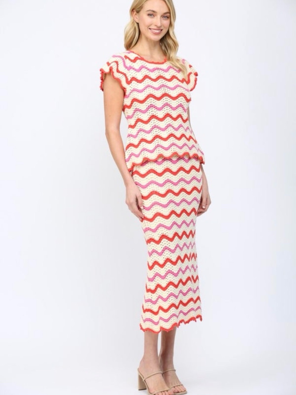 Fate Crochet Knit Midi Skirt & Top Set Cream Pink Orange Wavy Chevron Size Small